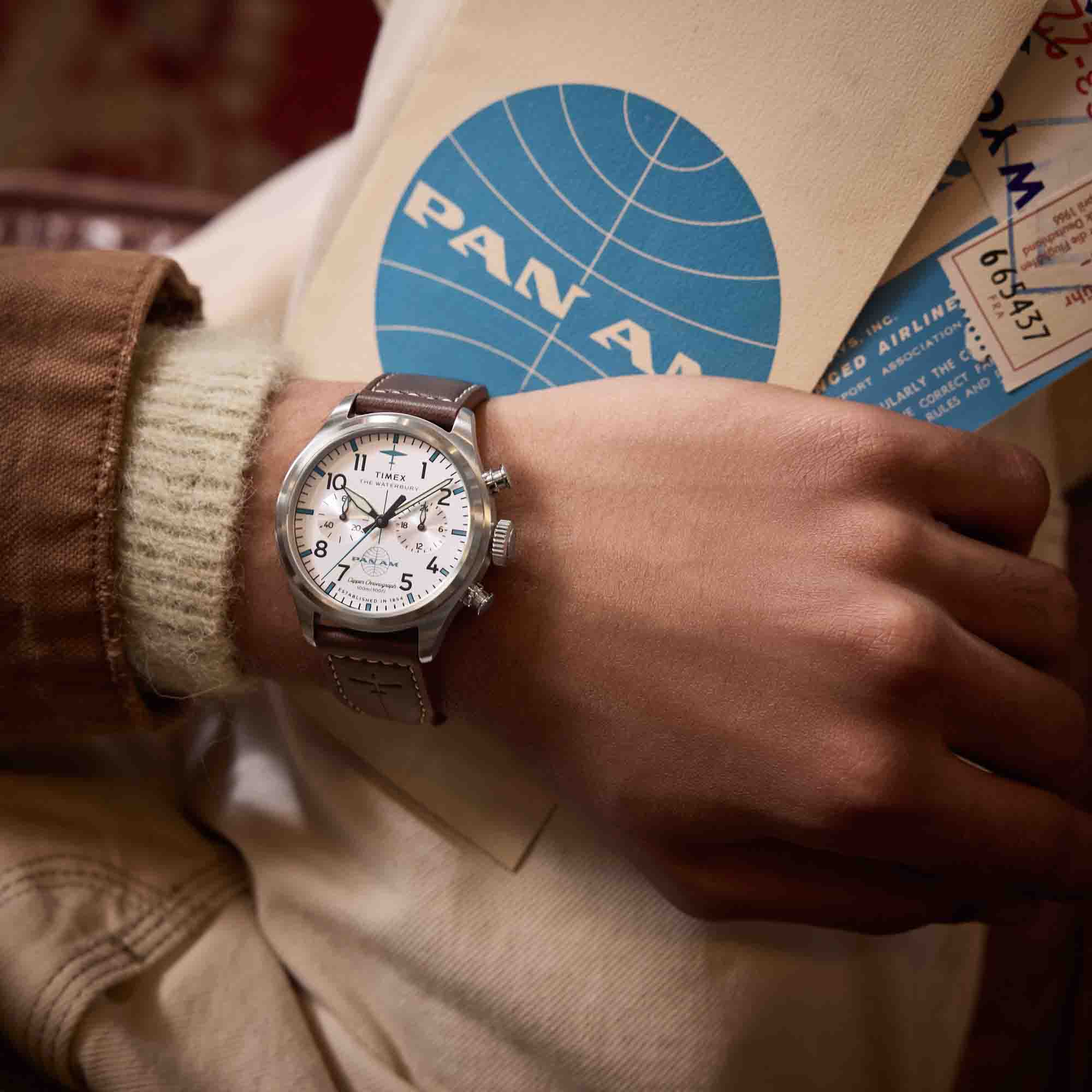 Timex Waterbury Ace Chronograph x Pan Am 41mm Tan | Watches.com