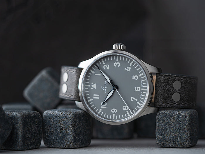 Laco Augsburg Grau 39 Automatic Leather Strap Gray Dial angled shot picture