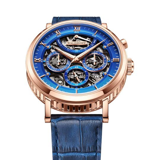 Manufaktur Waldhoff Multimatic Skeleton Automatic Royal Blue Rose Gold angled shot picture