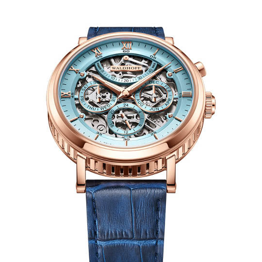 Manufaktur Waldhoff Multimatic Skeleton Automatic Aquamarine Rose Gold angled shot picture