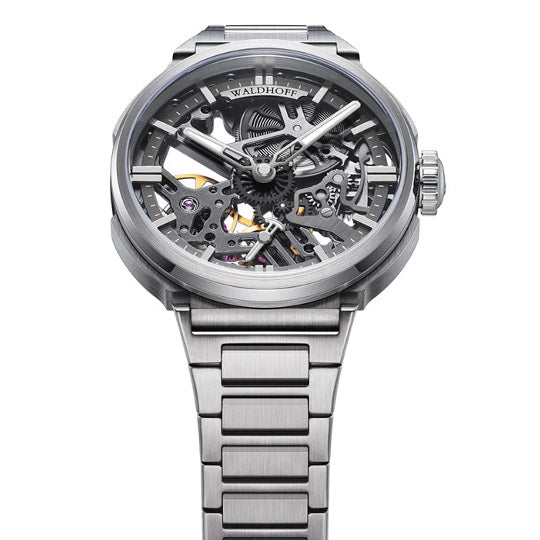 Manufaktur Waldhoff Quasar Swiss Skeleton Mechanical Titanium Carbon Silver angled shot picture