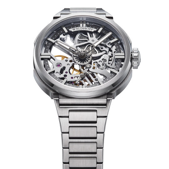 Manufaktur Waldhoff Quasar Swiss Skeleton Mechanical Titanium Silver angled shot picture