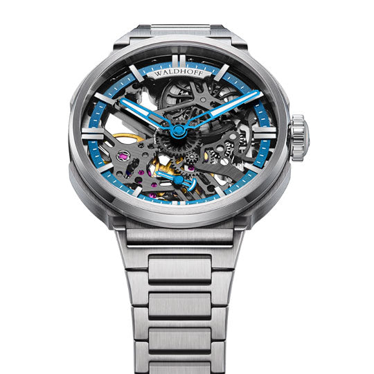 Manufaktur Waldhoff Quasar Swiss Skeleton Mechanical Titanium Cobalt angled shot picture