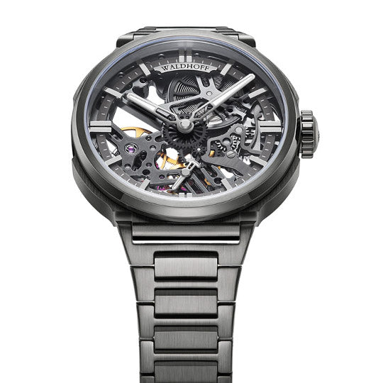 Manufaktur Waldhoff Quasar Swiss Skeleton Mechanical Titanium Black angled shot picture