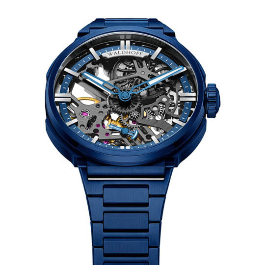 Manufaktur Waldhoff Quasar Swiss Skeleton Mechanical Titanium Royal Blue angled shot picture