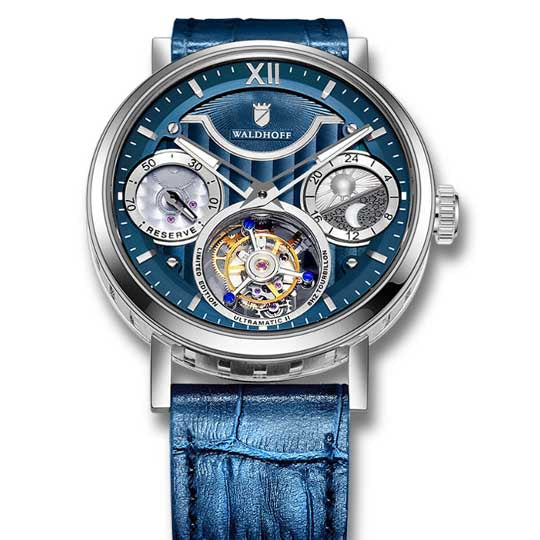 Manufaktur Waldhoff Ultramatic II Tourbillon Royal Blue angled shot picture