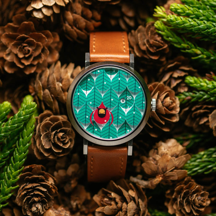 Asterisk x Charley Harper Coniferous Cardinal Jump Hour Automatic angled shot picture