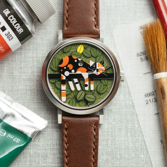 Asterisk x Charley Harper Limp on a Limb Jump Hour Automatic angled shot picture