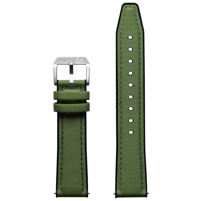 California Watch Co. 20mm Green Nylon Rubber Hybrid Strap angled shot picture