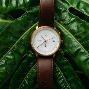 california watch co golden gate chrono rose gold white on a leaf