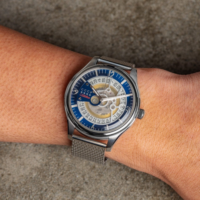 CCCP Sputnik-2 Automatic Silver Blue Mesh angled shot picture