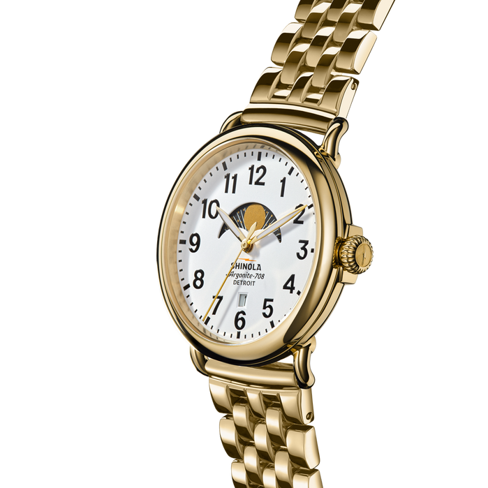 Shinola The Runwell 41mm Moon Phase Gold White angled shot picture