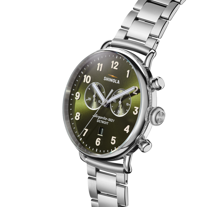 Shinola Canfield Chrono 43mm Dark Olive SS angled shot picture
