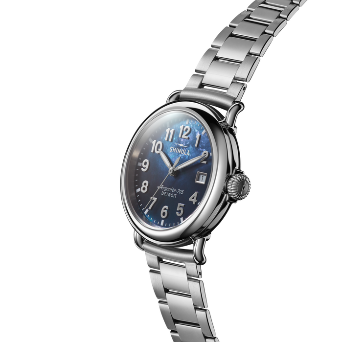Shinola Runwell 36mm SS Cadet Blue Mother of Pearl angled shot picture