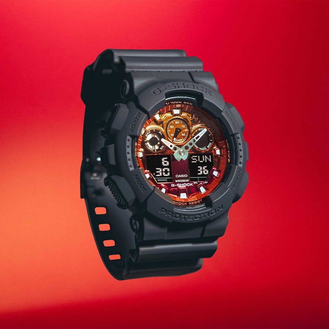 G-Shock GA100 Flame Inside Ana-Digi Gray Orange | Watches.com