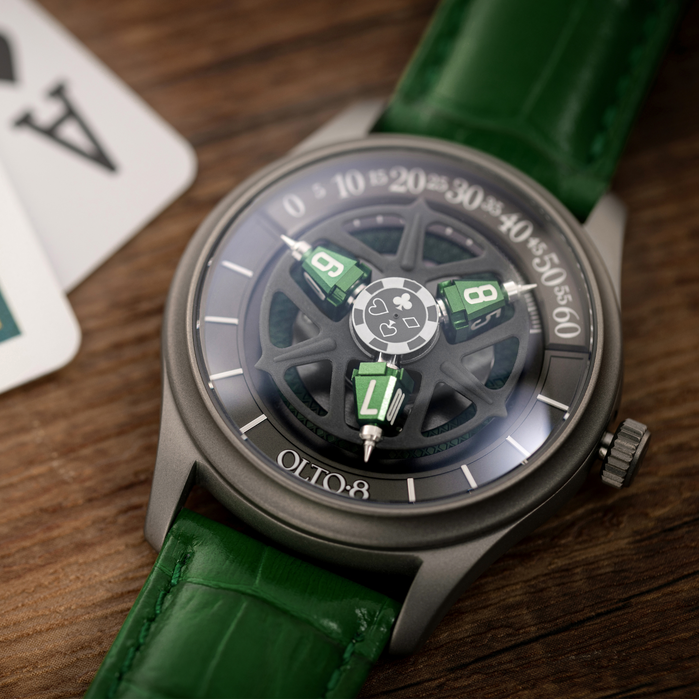OLTO-8 King 3D Satellite Hour Wheel Automatic Jade Green angled shot picture