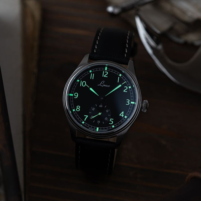 Laco Bremerhaven 39mm Handwinding Black angled shot picture