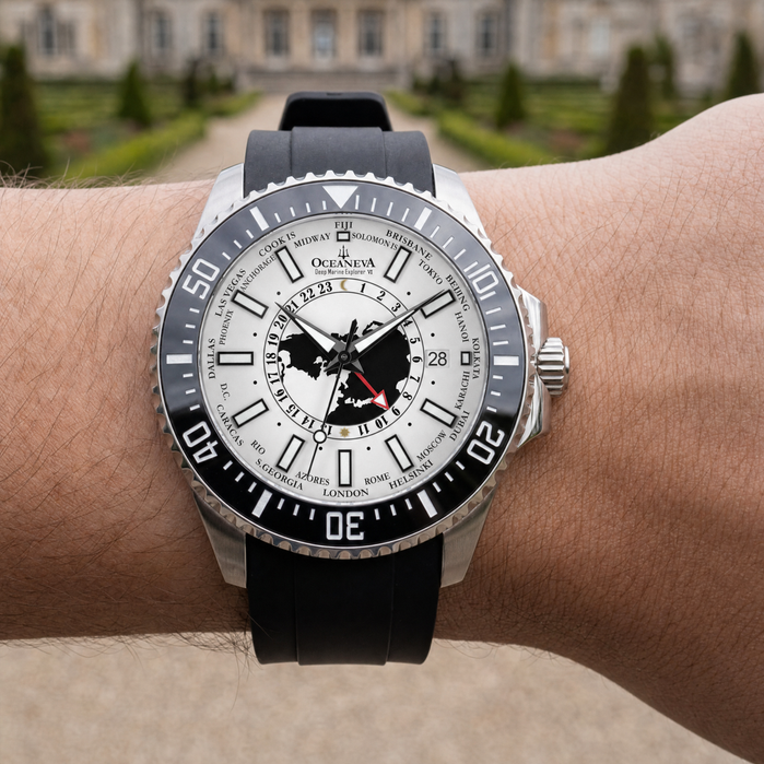 Oceaneva Deep Marine Explorer VI WorldTime GMT 6000m Titanium Full Lume Blue angled shot picture