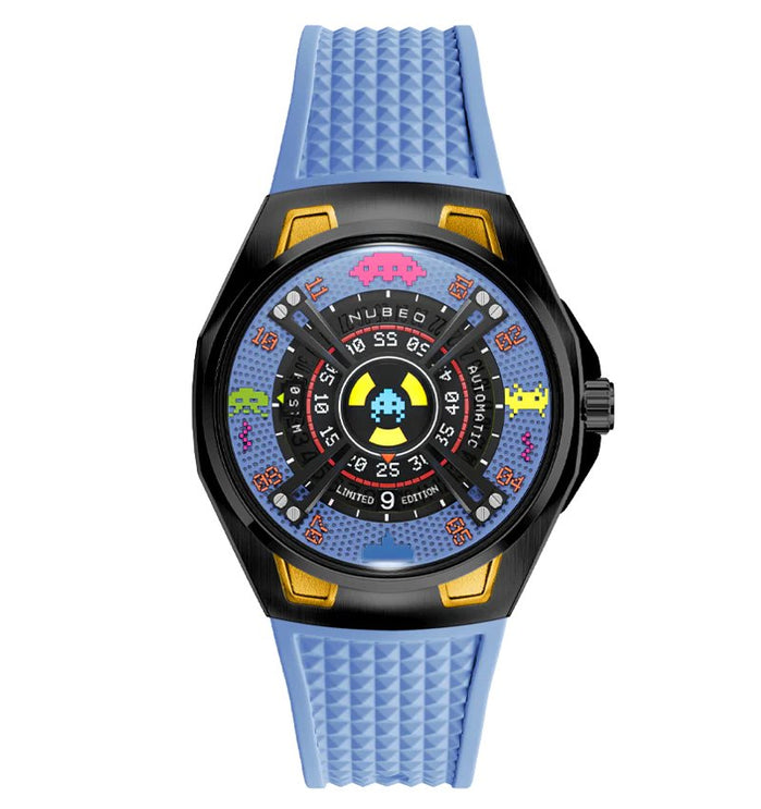 Nubeo OAO Automatic Space Invaders Limited Edition Cosmic Blue angled shot picture