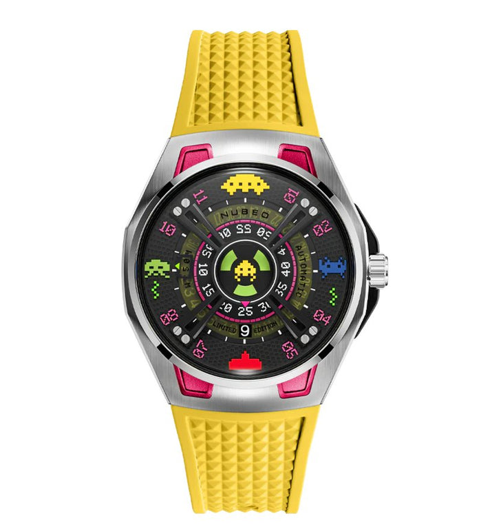 Nubeo OAO Automatic Space Invaders Limited Edition Solar Yellow angled shot picture