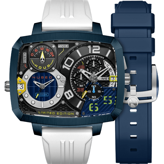 Nubeo Odyssey Triple Time Zone Chronograph Limited Edition Metallic Blue angled shot picture