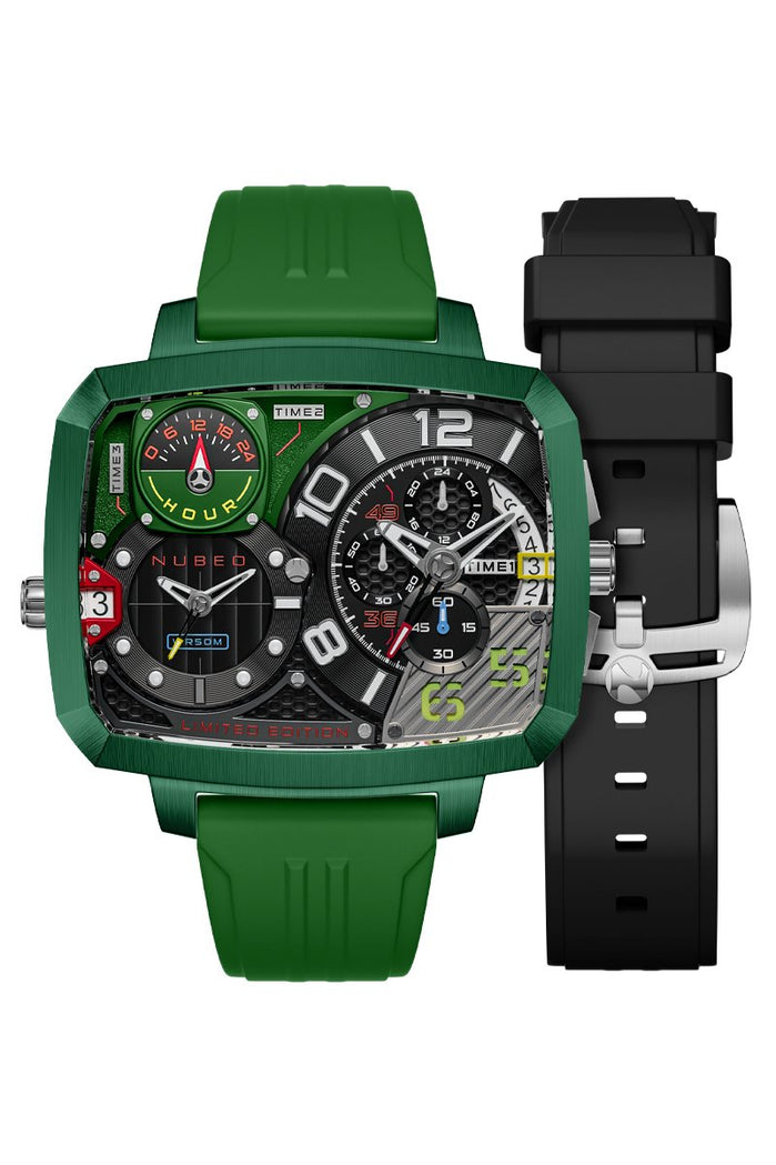 Nubeo Odyssey Triple Time Zone Chronograph Limited Edition Metallic Green angled shot picture