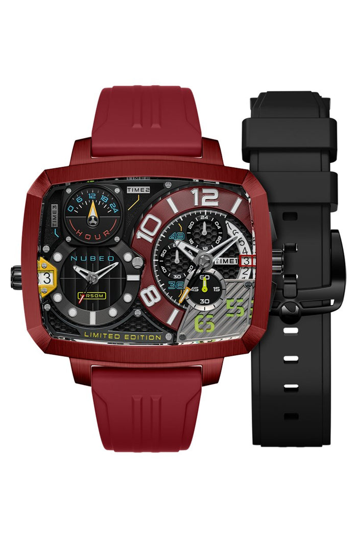 Nubeo Odyssey Triple Time Zone Chronograph Limited Edition Metallic Red angled shot picture