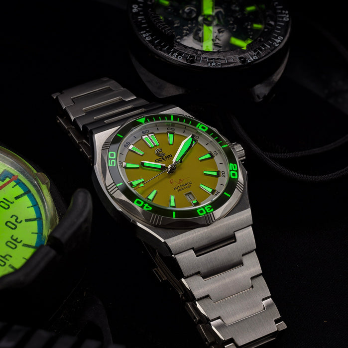 Ocean Crawler Bolt Automatic Yellow Limited Edition angled shot picture