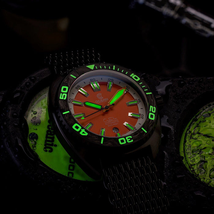 Ocean Crawler Core Diver Automatic Garibaldi Limited Edition angled shot picture