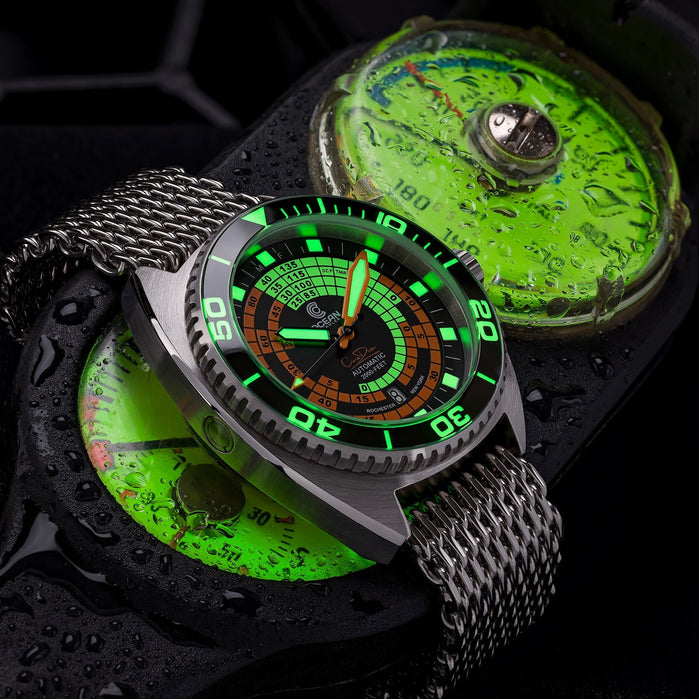 Ocean Crawler Decompression Timer Core Diver Automatic Orange Black Limited Edition angled shot picture