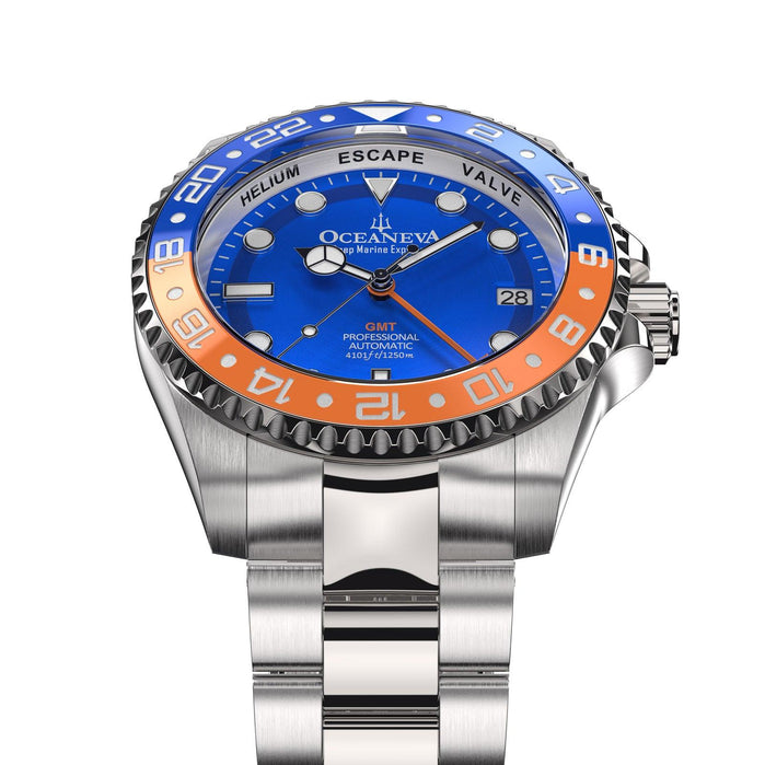 Oceaneva Deep Marine Explorer GMT Automatic 1250M Pro Diver Blue Orange angled shot picture