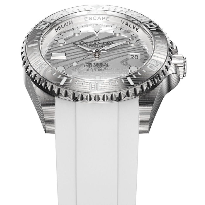 Oceaneva Deep Marine Explorer II Damascus Silver White Limited Edition angled shot picture