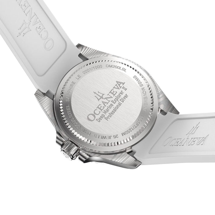 Oceaneva Deep Marine Explorer II Damascus Sky Blue White Limited Edition angled shot picture