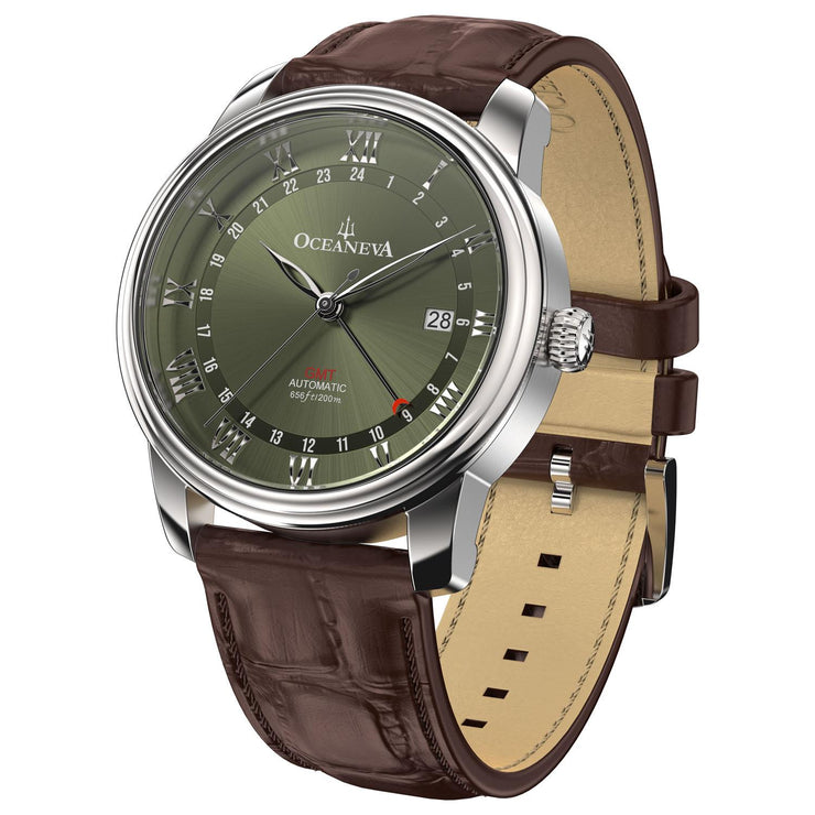 Oceaneva OceanTrek GMT 200m Automatic Olive Brown - Watches.com - OTOD200M34NH - brown strap