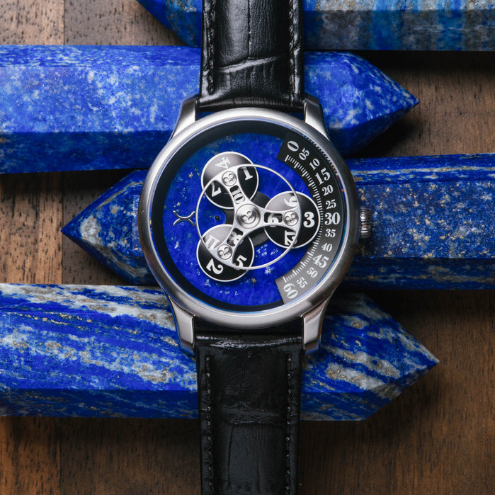 Xeric Triptych Automatic Wandering Hour Stone Edition Lapis Lazuli angled shot picture