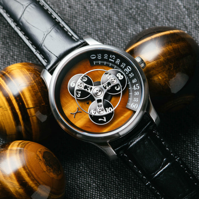 Xeric Triptych Automatic Wandering Hour Stone Edition Tigerseye angled shot picture
