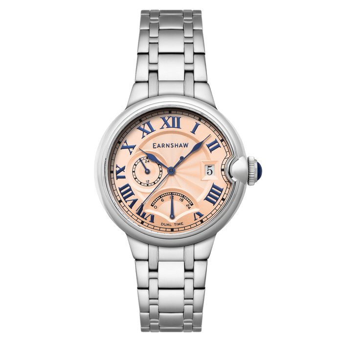 Thomas Earnshaw Barallier Retrograde Dual Time Salmon Blue angled shot picture
