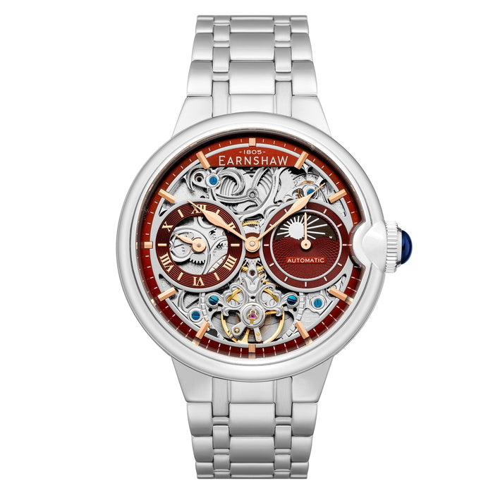Thomas Earnshaw Barallier Sun Moon Dual Time Automatic Skeleton Sunburst Red angled shot picture