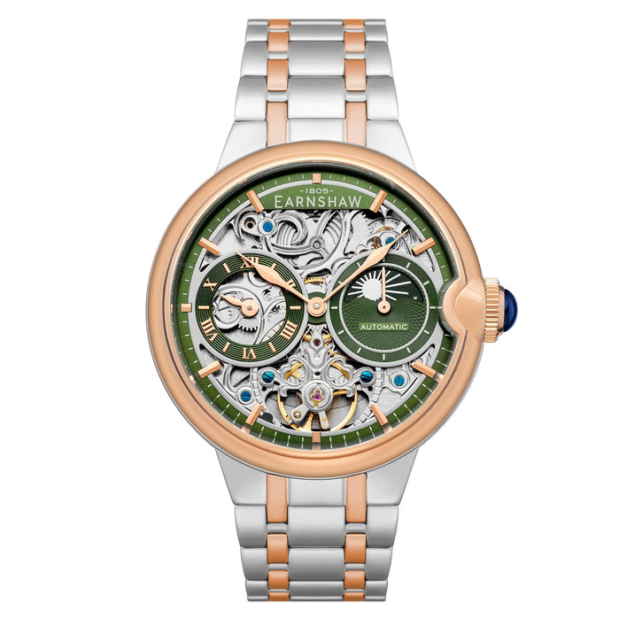 Thomas Earnshaw Barallier Sun Moon Dual Time Automatic Skeleton Two Tone Mint Green angled shot picture