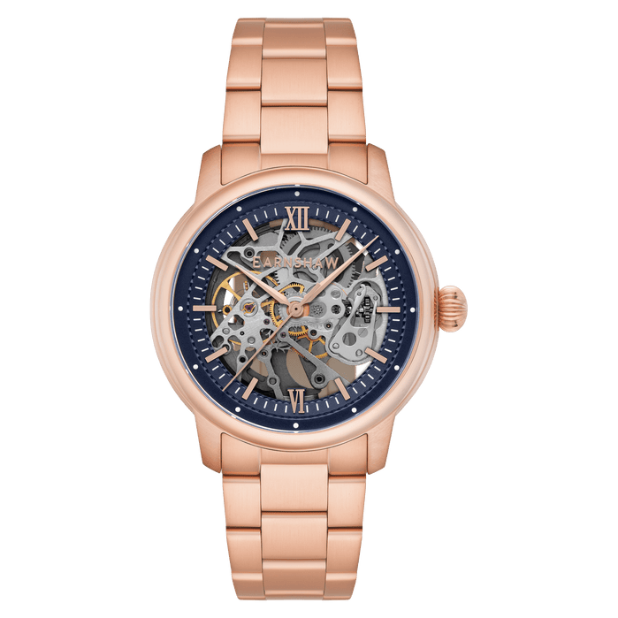 Thomas Earnshaw Heritage Cornwall Skeleton Automatic Rose Gold Blue angled shot picture
