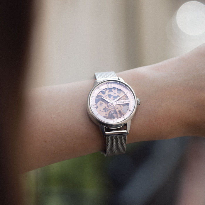 Thomas Earnshaw Anning Skeleton Automatic 3 Hands Warm Pink angled shot picture