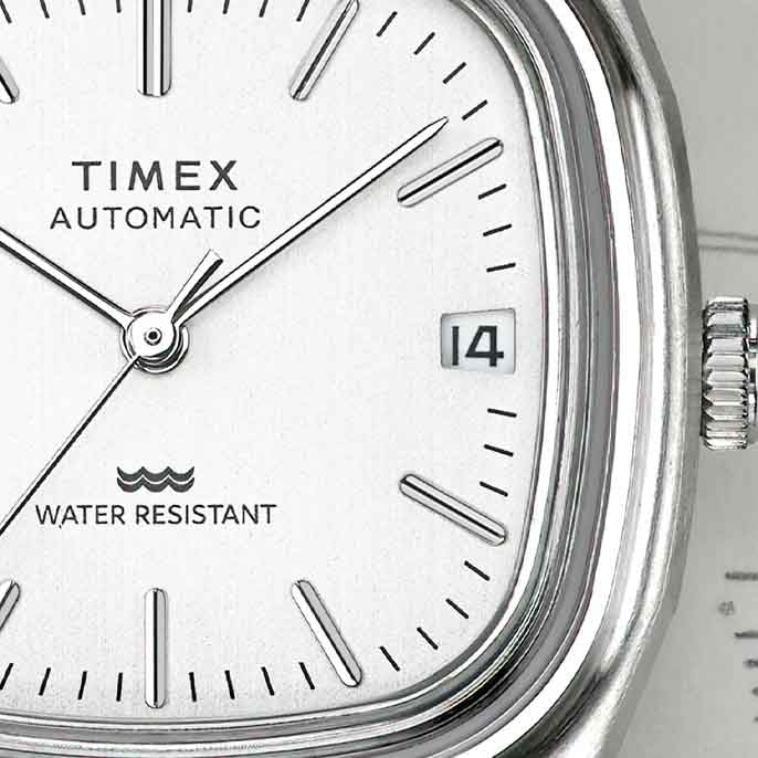 Timex 1983 E Line Reissue Automatic 34mm White SS Watches Timex 1983 e line reissue automatic 34mm white ss watches