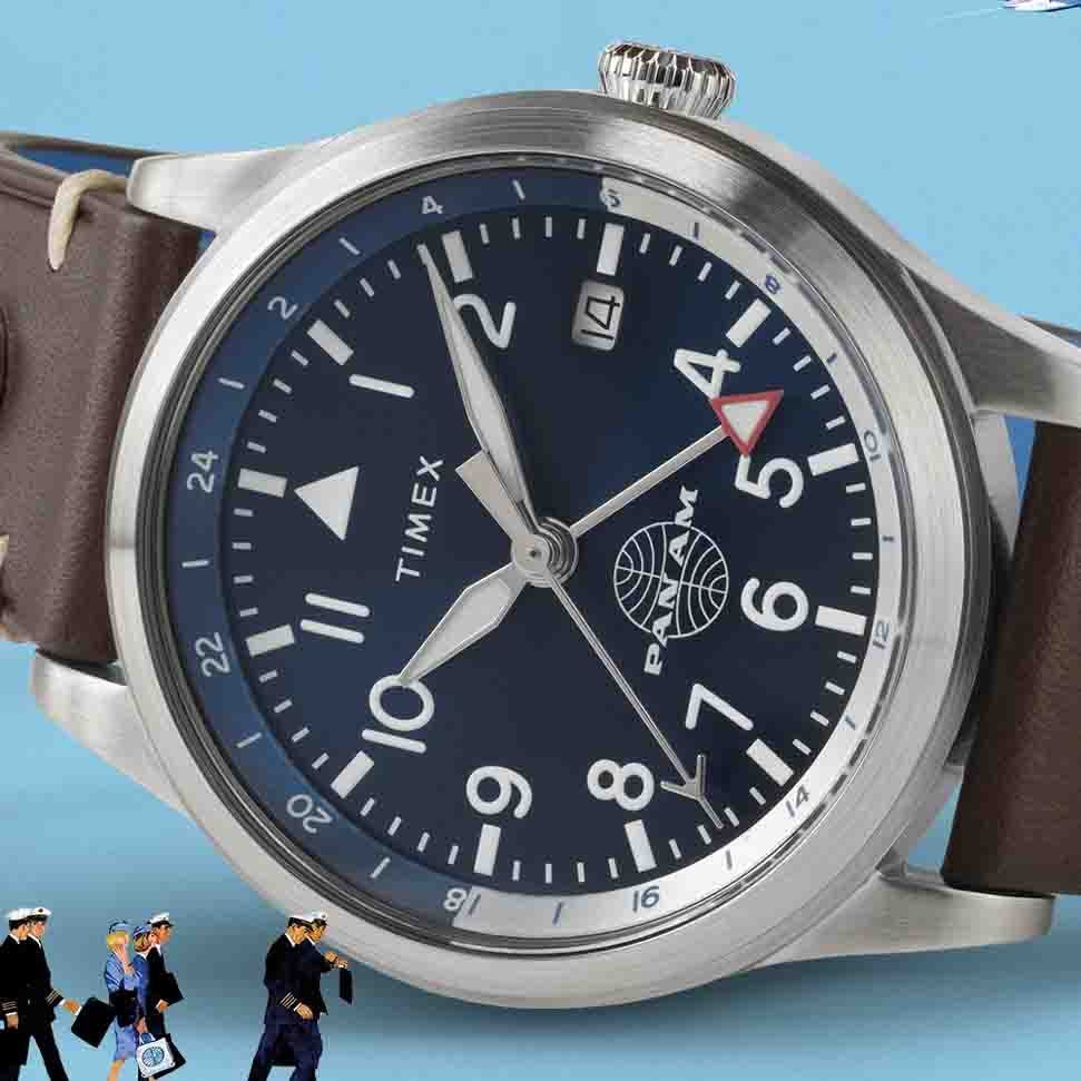 Montre Timex Waterbury GMT X Pan Am TW2W97300 Pour Homme - Neuf Avec étiquettes, Boîtier Acier 39mm, Bracelet Cuir