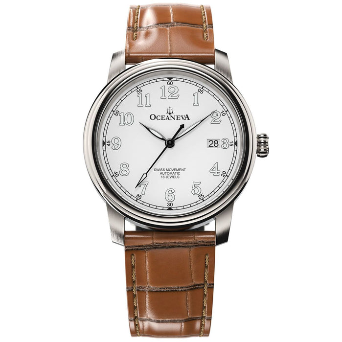Oceaneva Tempus Pure Swiss Handwind White Brown Limited Edition angled shot picture