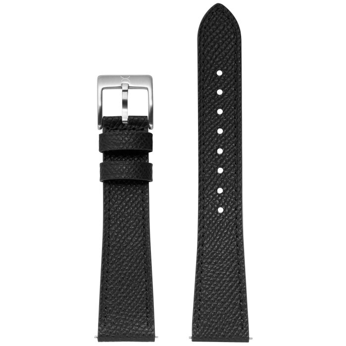 Xeric 20mm Saffiano Black Leather Strap Silver Buckle angled shot picture