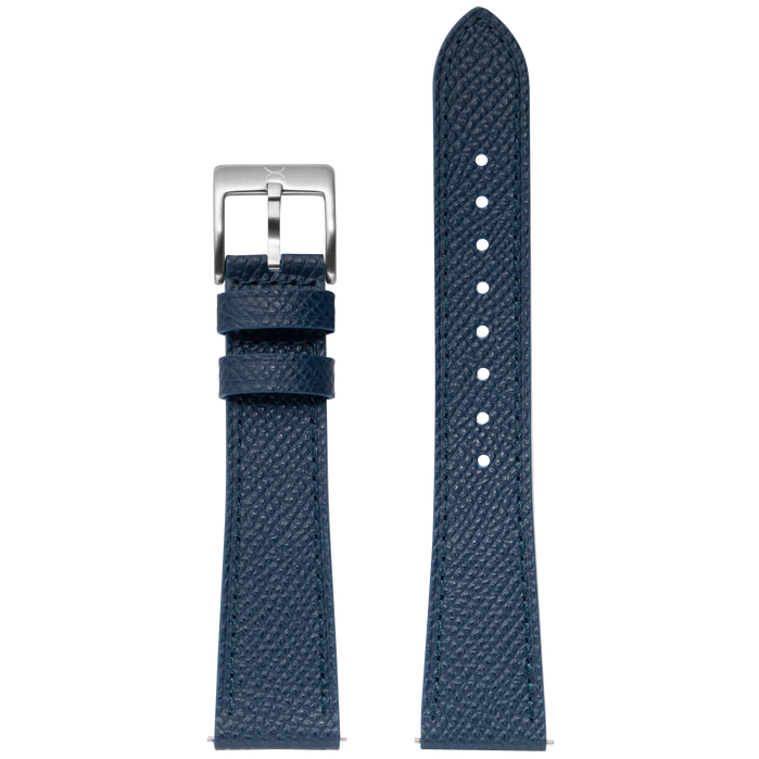Xeric 20mm Saffiano Blue Leather Strap Silver Buckle angled shot picture