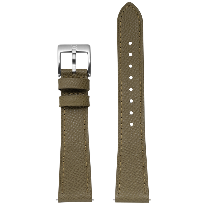 Xeric 20mm Saffiano Olive Leather Strap Silver Buckle angled shot picture