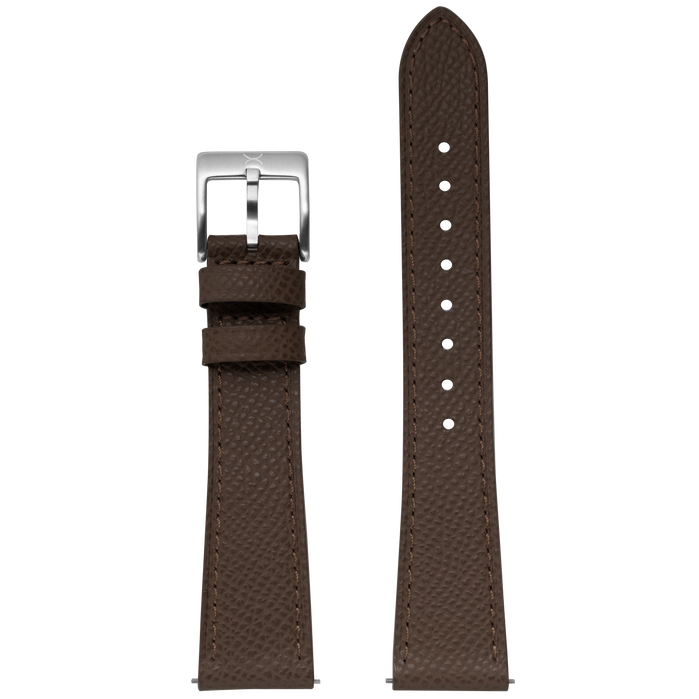 Xeric 20mm Saffiano Dark Brown Leather Strap Silver Buckle angled shot picture