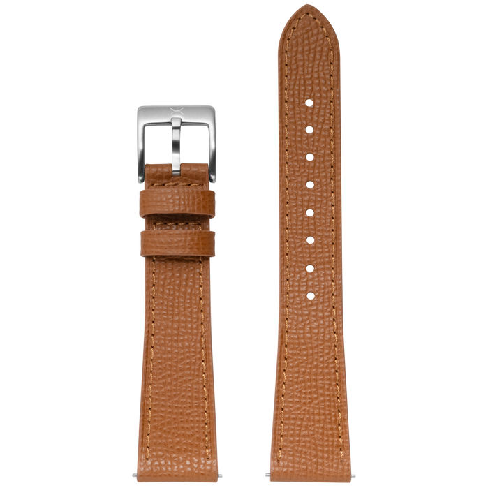 Xeric 20mm Saffiano Tan Leather Strap Silver Buckle angled shot picture
