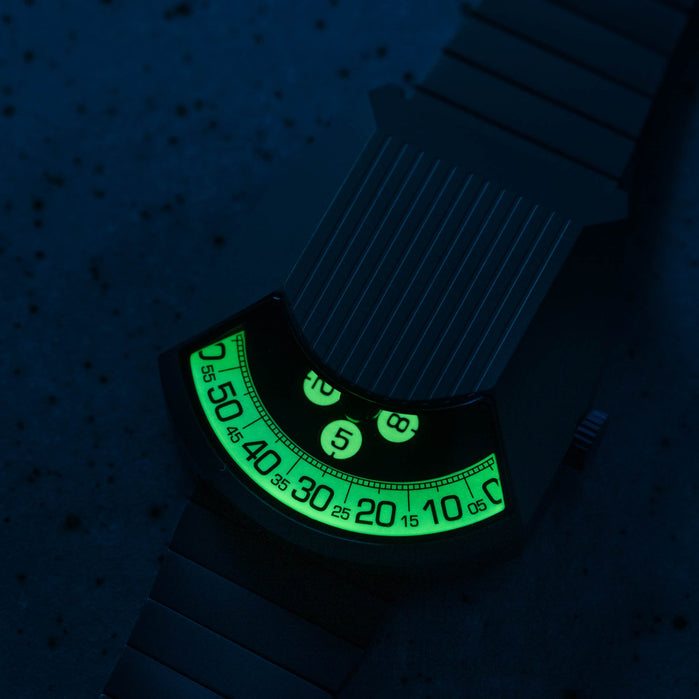 Xeric Retronaut Automatic Wandering Hour Matte Green angled shot picture